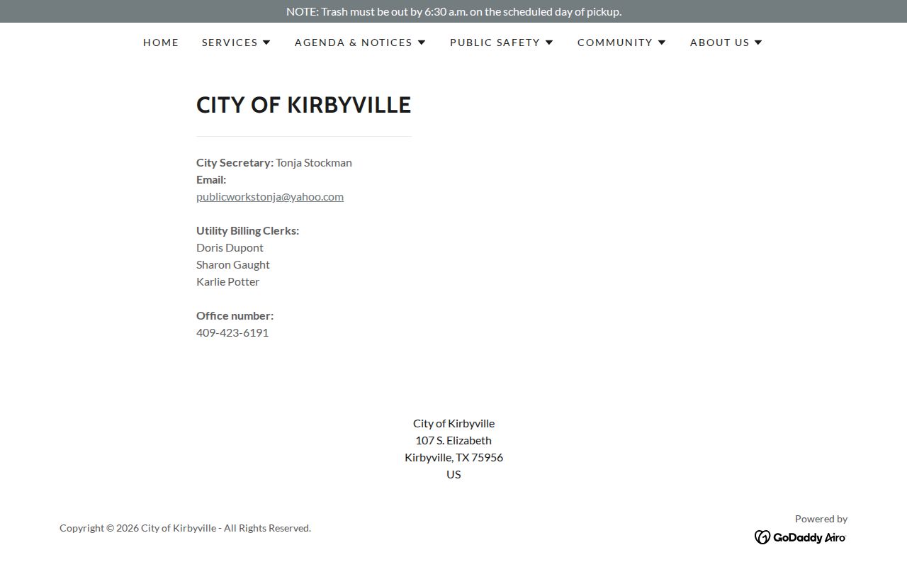 Kirbyville City Hall contact page