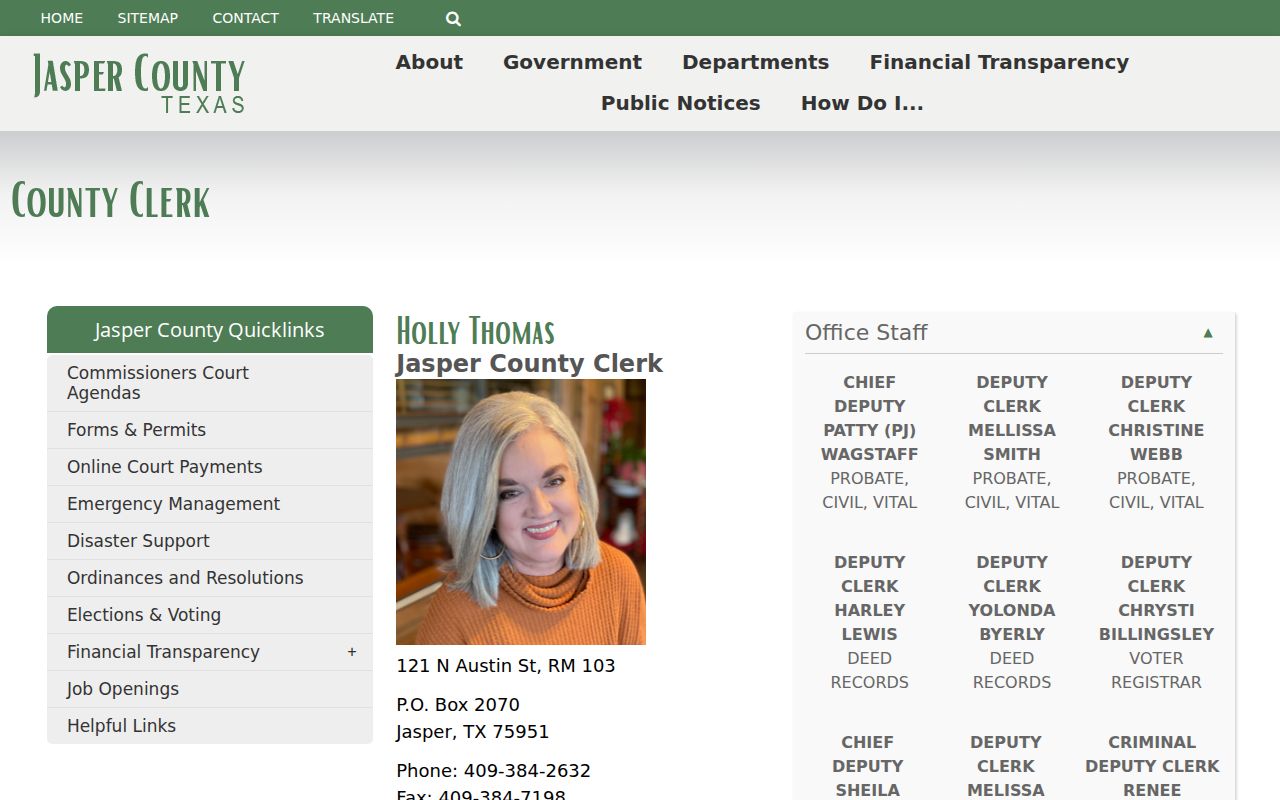 Jasper County court records and County Clerk contact page